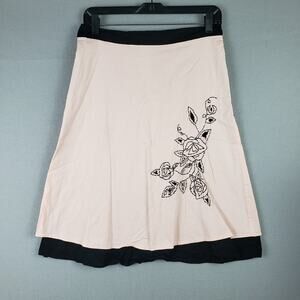 Angie Size M Embroidered Rose A-Line Skirt Cream Black Earthy Boho Cottagecore